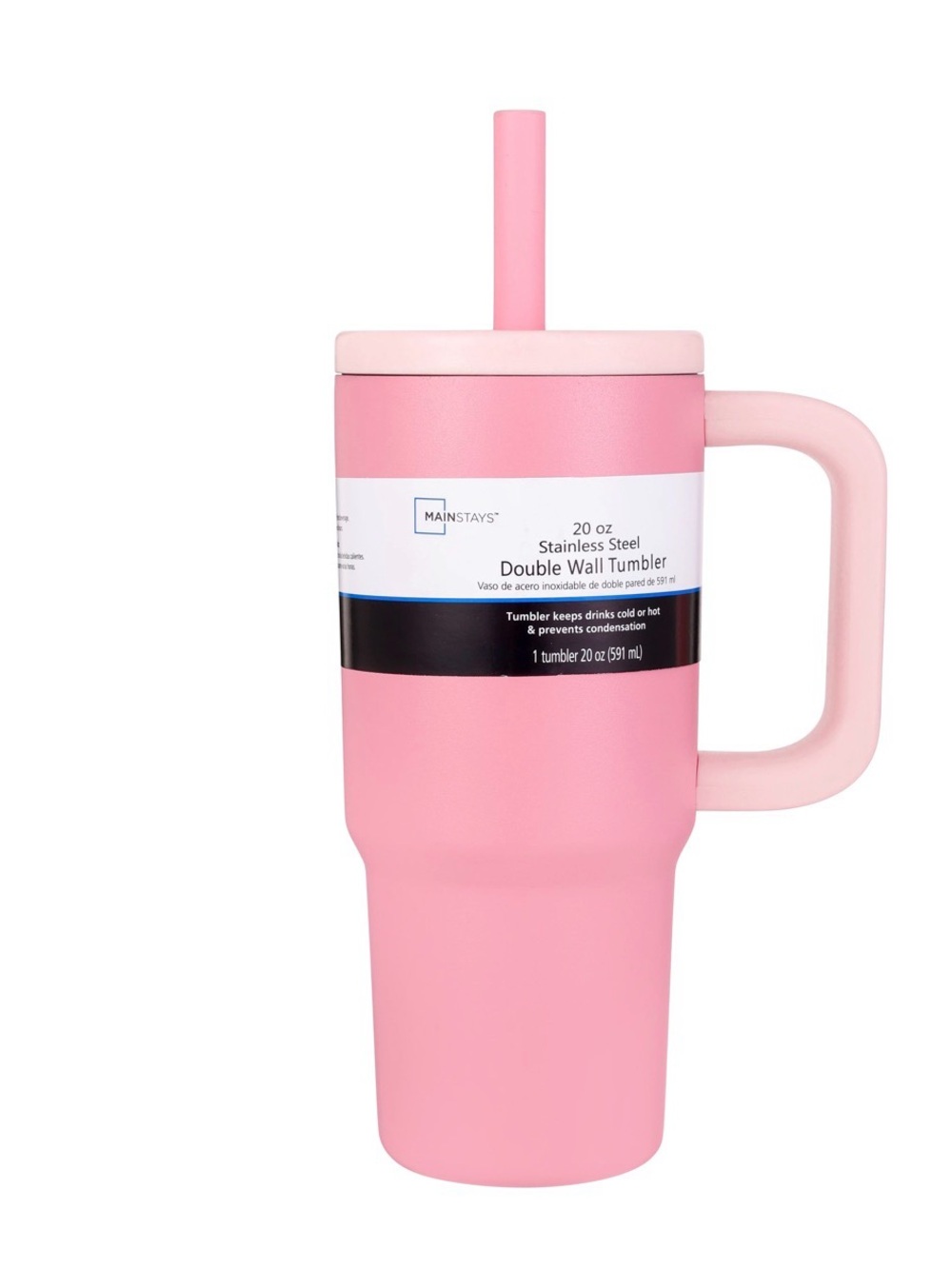Mainstays Pink Double-Wall Stainless Steel Tumbler with Straw and Handle